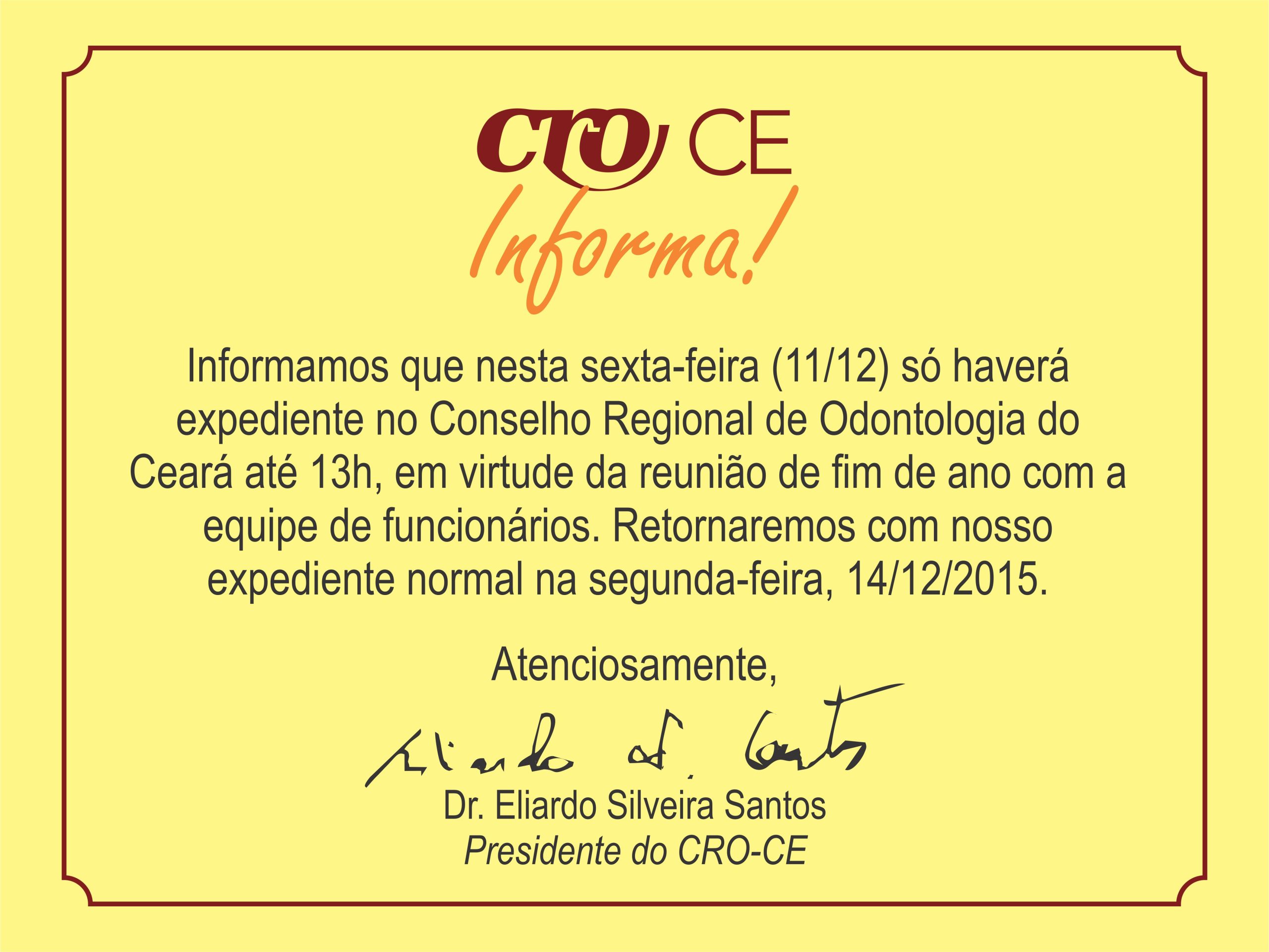 Funcionamento somente até 13h nesta sexta-feira (11/12/2015)